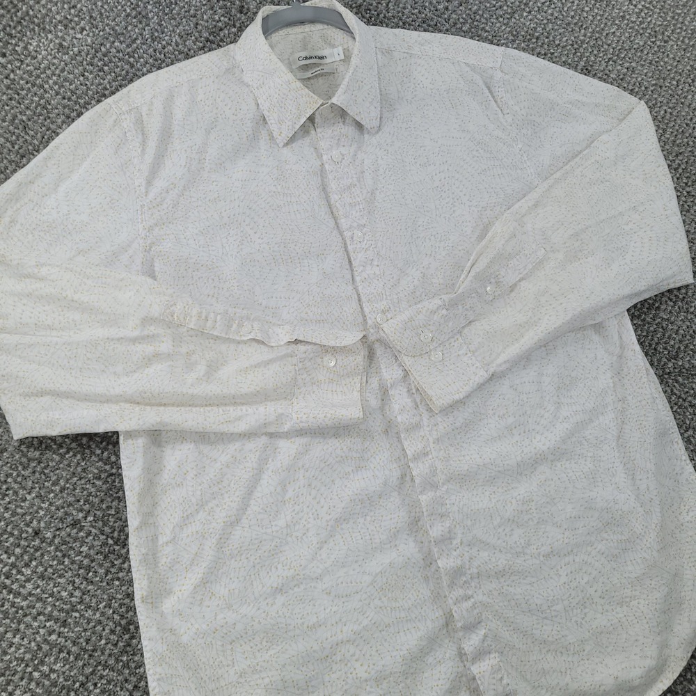 Calvin Klein Mens Modern Fit Long Sleeve Button Down Shirt White Yellow Print L